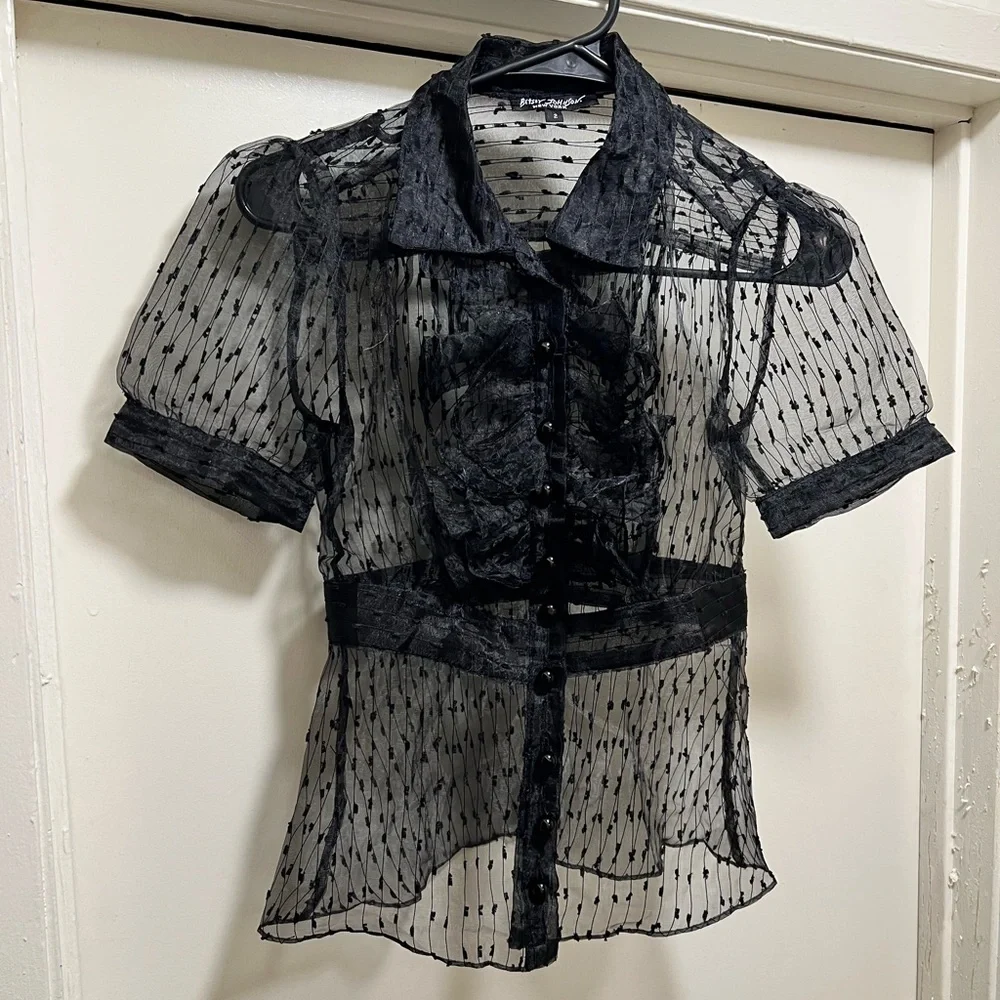 🚫SOLD🚫 Vintage Betsey Johnson New York Sheer Button Up Collared - Picture 1 of 4